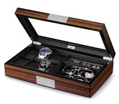 Lifomenz Co Watch Jewelry Box for Men 6 Slot Watch Box,6 Watch Case 8 Pair Cufflinks and Sunglasses Display Box,Wood Large Watch Display Case Organizer with Real Glass Window Top