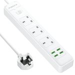 PIBEEX Extension Lead with USB, 13A Power Strip 3 Way Outlets with 4 USB Ports 5V 3.7A Overload Protection Power Adapter UK Power Socket 2M Extension Cord