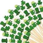 DIYASY 200 Pcs St Patrick's Day Shamrock Cocktail Sticks, Irish Green Beer & Hat Clover Cupcake Toppers Disposable Bamboo Party Picks for Appetizers Cocktail Picks Shamrock Toothpicks