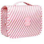 Travel Toiletry Bag, Hanging Toiletries Wash Bag Makeup Cosmetic Organizer Bags for Women Girls Kids Waterproof Foldable (Pink Stripes)