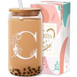 Glass Cup Birthday Gifts for Women Personalized Monogram Gift for Women - 16 oz Clear Bamboo Glass Cups with Lid Straws Gifts for Mothers Day for Friends Teacher Nurse Mom Sister Aunt Letter C