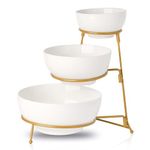 XINLTC 3 Tiered Serving Bowl with Metal Rack, 3 Tier Serving Stand Food Display Set, Porcelain Tiered Serving Tray Perfect for Chips, Dips, Dessert, Appetizer (Gold Stand)