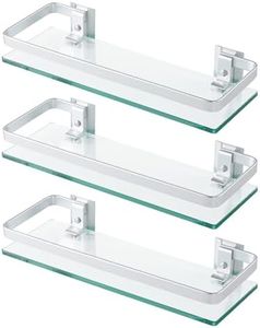 KES Bathroom Glass Shelf Tempered Glass Shelf, Aluminum Extra Thick 8MM Glass Shelves Over Toilet 1 Tier Rectangular Clear Glass Shelf 3 Packs, Wall Mounted, Silver, A4126A-P3