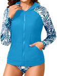 Holipick Women Two Piece Hooded Rash Guard Swimsuit Long Sleeve Bathing Suit SPF Swim Shirts with Bikini Bottom, Light Blue Leaf, Large