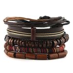 HZMAN Mix 5 Wrap Bracelets Men Women Hemp Cords Wood Beads Ethnic Tribal Bracelets Leather Wristbands