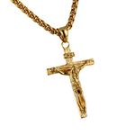 Cupimatch Mens Stainless Steel Jesus Christ Crucified Cross Pendant Necklace Chain Golden (Gold)