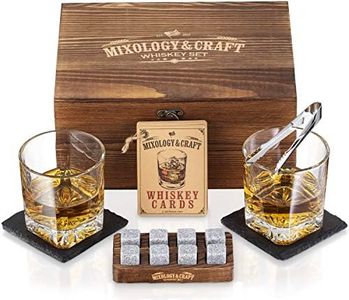 Mixology & Craft Whiskey Stones Gift Set for Men, 10 oz Whiskey Glasses w/ 8 Granite Chilling Rocks, 2 Coasters, Metal Tong & Cocktail Cards in Wooden Box - Square (Pack of 2)