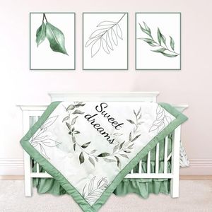 Green Leaf 4-Piece Crib Bedding Set, Baby Boy Bedding Crib Set, Neutral Nursery Bedding Set,Fitted Crib Sheet,Crib Skirt, Baby Quilt, and Diaper Stacker,Sage