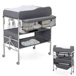 COSTWAY Baby Changing Table, Folding Nursery Changing Station with 4 Lockable Wheels, Rail, Storage Basket & Shelves, Height Adjustable Newborn Bath and Changer Unit Organizer (Grey)