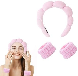 Serre tete, Skincare Serre Tete Femme, Bandeau de Lavage pour le Visage, Bandeau Cheveux Femme Maquillage, con Bracelets, pour Soin de La Peau, Lavage du Visage, Élimination du Maquillage, Yoga, Rose