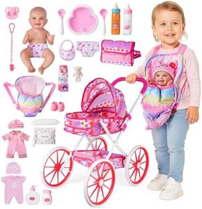 BABESIDE Baby Doll Stroller and Accessories – 12" Washable Baby Doll with 24 Pcs Care Kit, Carrier & Sturdy Wheels – Pretend Play Doll Stroller for Toddlers Girls Ages 3+