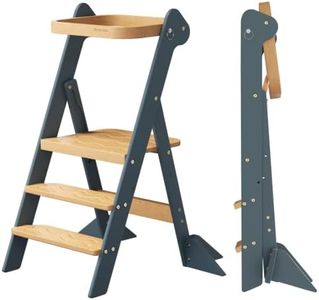 COSYLAND Foldi Foldable Toddler Kitchen Stool - Adjustable Height Toddler Standing Tower with Net & Safety Feet, IF Award-Winning Wooden Learning Step Tower for 18M-6Y, Slate Blue & Natural