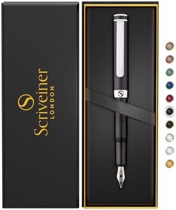 Scriveiner Luxury EDC Fountain Pen (Fine), Stunning Matt Black Pocket Pen, Chrome Finish, Schmidt German Nib, Converter, Best Writing Pen Gift Set for Men & Women, Nice Fancy Office Designer Pen