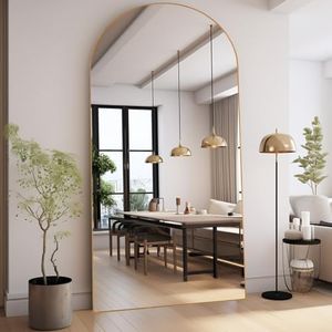 ZHUNFA Arched Full Length Mirror, 76x34 Oversized Floor Mirror with Stand, Gold Mirror Full Length, Aluminum Full Body Dressing Mirrors with Arched-Top, Leaning for Living Room, Bedroom