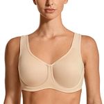 SYROKAN Women's Max Control Underwire Sports Bra High Impact Plus Size with Adjustable Straps Beige 38DD