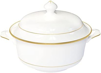 Bone China Soup Tureen with lid, 2.97QT, Gold Rim, Big Soup Bowl, 2pc set, Serveware, Big Serving Bowl, Elegant Ceramic/Porcelain, White, Translucent, Modern, Simple and resistant, Greeting dinnerware