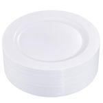 I00000 50Pcs White Plastic Dinner Plates 10.25 Inch, Premium Disposable Plates, Safe and Reusable, Great for Party