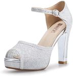 IDIFU Women's IN4 Mary Platform Chunky High Heels Sandals Peep Toe Dress Wedding Bridal Shoes For Women Bride Bridesmaid (Silver Glitter, 9.5 M US)