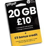 GiffGaff United Kingdom PAYG SIM Card for Visiting UK & Europe w/ 5￡bonus, Activate While in CA., 12￡ for Unlimited SMS/Calls and 12GB Data [for Unlocked phones]