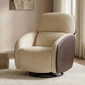 Hush Hiven Pebble Motorized Recliner Chair | Rocking & Swivel Recliner | Beige Boucle Fabric & Dark Brown Leatherette | Single Seater Recliner Sofa for Living Room | 18 Months Warranty