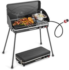 Giantex Portable Propane Grill & Camping Stove, 20,000 BTU Gas Camping Grill Burner, Independent Temperature Control, 3-Sided Wind Guard, Detachable Legs, for BBQ, Tailgating, Outdoor Cooking (Black)
