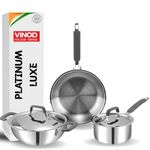 Vinod Luxury Edition Triply Stainless Steel Cookware Set 5 Pc - Superior Finish, Cool Grip Handles, Mastercrafted Durability | 100% Safe, Non-Toxic, Nickel-Free | Frypan + Kadai & Saucepan with 2 Lids