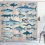 ABAKUHAUS Fish Shower Curtain, Vintage Style Group of Various Different Fish Animals Seafood Theme Grunge Effect, Cloth Fabric Bathroom Decor Set with Hooks, 78 Inches, Multicolor