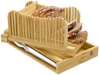 Mama Bear Kitchens Bamboo Bread Slicer with Knife - Adjustable & Durable Bread Loaf Slicer with Crumb Tray & Foldable Bread Cutter Guide - Easy to Clean & Store Bread Slicer for Homemade Bread