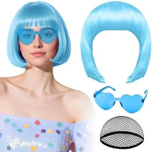 PLULON Light Blue Bob Wig with Heart Sunglasses and Hair Cap, Colorful Short Bob Wigs Synthetic Party Wigs Funny Cosplay Hairpieces for Women Men Neon Bachelorette Halloween Costume Party Decorations