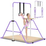 EVERYMILE Gymnastics Bars With Self-Inflating Mat,50mm Thick Inflatable Pad No Air Pump Needed Gymnastics Equipment for Home,Adjustable Height Folding Horizontal Bar with Rings Purple