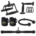 DYNASQUARE Cable Attachments for Home Gym, LAT Pulldown Equipment, Weight Machine Accessories, Straight Pull Down Bar, V Bar, Tricep Rope, Revolving Row Handle, Stirrup Handle