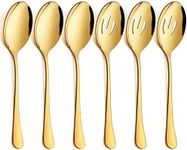 LIANYU 6 Pack Gold Serving Spoons Set, Large Slotted Spoons, Stainless Steel Buffet Dinner Restaurant Golden Serving Utensils, Catering Set for Party Banquet, 9.8 Inch