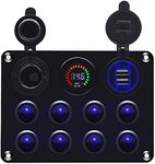 Waterproof Rocker Switch Panel 8 Gang Marine Boat Toggle Switches with Circuit Breakers Digital Voltmeter 4.2A USB Charger 12V LED Cigarette Lighter Socket Switch Panel for RV Car Truck Yacht (Blue)