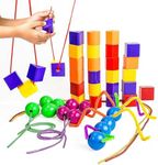 Skoolzy Rainbow Stringing Beads for Toddlers 46 Pcs | String Beads with Strings, Pipe Cleaners and Bag | Montessori Toys Occupational Therapy