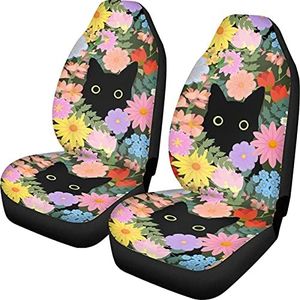 INSTANTARTS Full Set of 2 Piece Car Seat Cover Cute Black Cat Colorful Flower Print Vehicle Seat Protector Car Mat Front Seats Only Driver Seat Covers