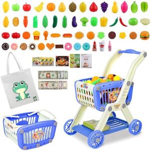 Kids Shopping Cart - 2 in 1 Toy Shopping Cart with Play Food Fruit Vegetable Dessert and Shop Accessories, 72pcs Pretend Play Grocery Store Toy Kitchen Game Trolley Play Set for Kids