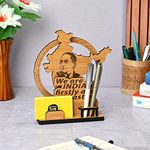 GKD Ambedkar Wooden Momento Tabletop Desk Organizer With Pen Stand And Visiting Card Holder Baba Saheb Ambedkar Photo Motivational Gift (Made in India)