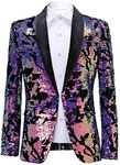 PYJTRL Men Fashion Velvet Sequins Floral Pattern Suit Jacket Blazer (Velvet - Purple, M)