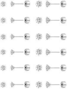 Tornito 12 Pairs Tiny Stud Earrings Stainless Steel Threadless Flat Back Round Cubic Zirconia Stud Earrings Set Cartilage Earring Tragus Helix Piercing Jewelry For Men Women 2MM-3MM 20G, Cubic