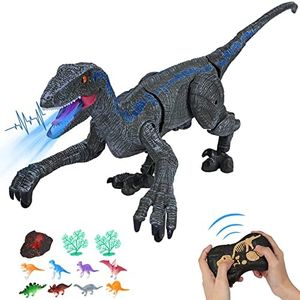 Fasyou Remote Control Dinosaur Toys for Kids,Walking Roaring Velociraptor, 2.4Ghz Electronic Realistic RC Dinosaur with 3D Eyes & Light & Roaring Sounds,Jurassic Dinosaur Toys for Boys Girls (Gray)