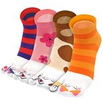 PUTUO Flip Flop Socks Tabi: Women Split Toe Socks Cotton Japanese Geta Socks Ladies Novelty Two Toe Socks with Striped & Cat Pattern, Size 4-9, 4 pairs