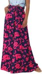 BTFBM Women Casual High Waist Wide Leg Pants Summer Floral Solid Long Palazzo Pants Lounge Beach Trousers with Pocket(Print Navy Rose Red, Large)