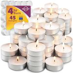 MontoPack Unscented Tea Lights Candles in Bulk | 45 White, Smokeless, Dripless & Long Lasting Paraffin Tea Candles | Small Votive Mini Tealight Candles for Home, Pool, Shabbat, Weddings & Emergencies