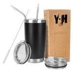 Y·J&H 20oz (550ml) Travel Tumbler Double Wall Vacuum Insulated Coffee Mug Stainless Steel Coffee Cup with 2 Splash Proof Lid, 2 Straws & Free Cleaning Brush, BPA Free - Black