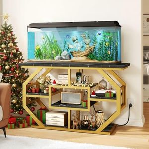 DWVO 55-75 Gallon Aquarium Stand with Power Outlet, Display Stand for Turtle Tank, Reptile Terrarium, Metal Fish Tank Stand Suitable for Living Room, Entryway, 860LBS Capacity, Black & Gold