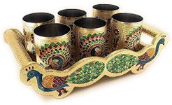 VishAl smart MAll Stainless Steel Handmade Meenakari Peacock Design Golden Glass with Tray Decorative Traditional Indian Style Stainless Steel Tumbler Gift Set Item | Set of 6 Glass with Golden Tray