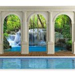 Wallpaper Photo Waterfall 350x256 cm / 137.8" x 96.5" - Non-Woven Premium Art Print Fleece Wall Mural Decoration Poster Picture Design Modern - Nature Landscape Jungle Columns 10110903-17