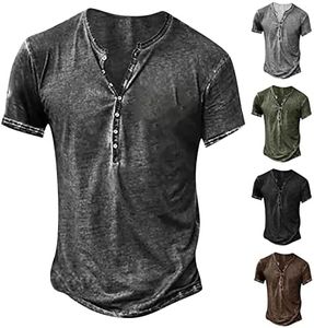 Hawaiian Shirt for Men Men's Distressed Henley Shirts Vintage Short Sleeve Button Down T-Shirt Casual Washed Basic T-Shirt Birthday Shirt for Men