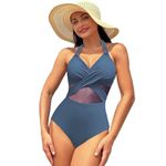 Westingshe Women's One Piece Bikini Sexy V-Neck Cross Hollow Waist Swimsuits Mesh Solid Color Bathing Suits (UK, Alpha, L, Regular, Regular, Blue)