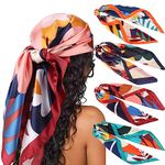 DRESHOW 4 Pack Large Square Satin Headscarves Hair Scarves Silk Accessories Classic Patterned Squares Beach Bandanas for Women